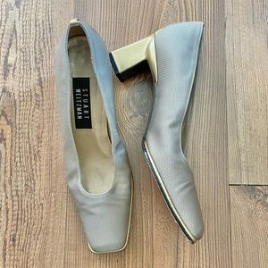 Stuart Weitzman vintage stack heels, beige textured cloth, gold accents, size 7